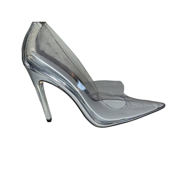 GOOD AMERICAN Silver Cinderella Pumps Stiletto Pointed Toe Size 9 Glass Clear - Picture 3 of 4